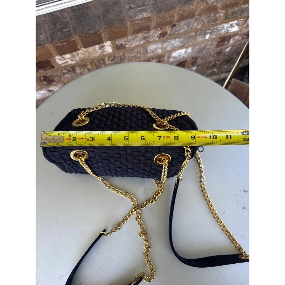 Inge Christopher Navy Blue Woven Ribbon Shoulder Bag Gold Chain Strap
